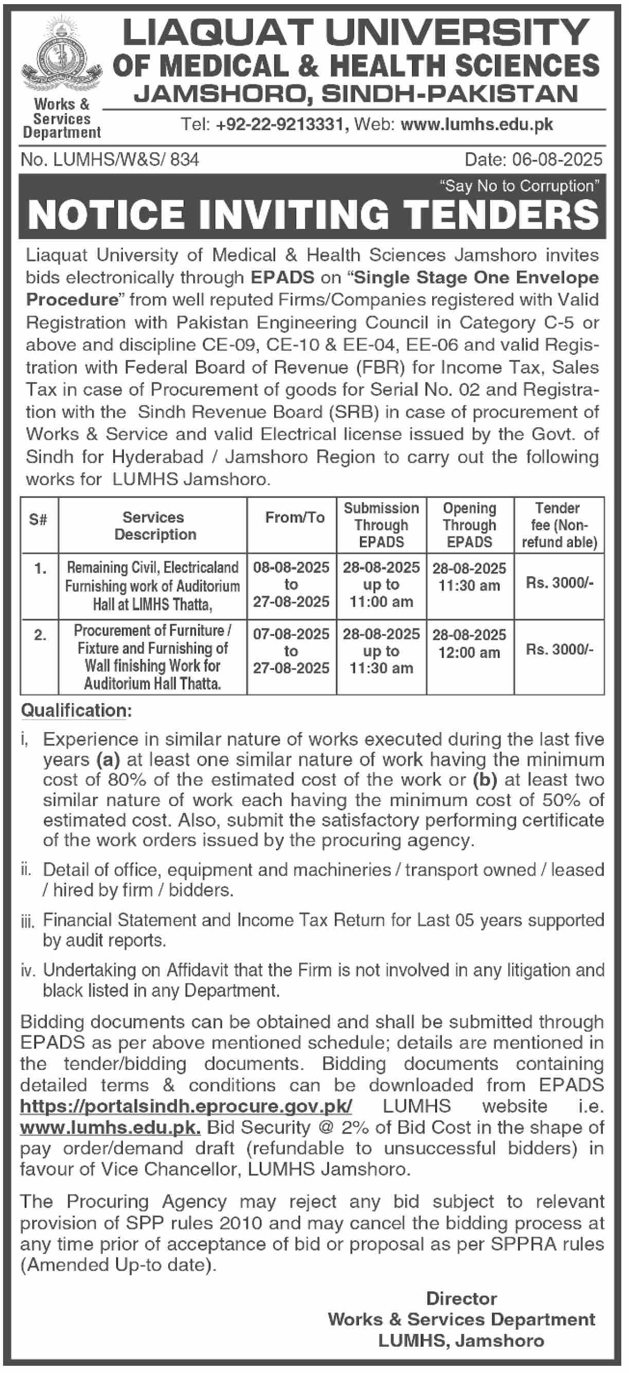 Liaqat University of Medical & Health Sciences Jamshoro Tender Notice
